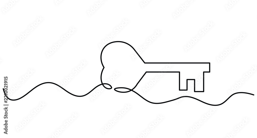 Obraz premium Key outline vector with heart-shaped bow continuous line art editable stroke