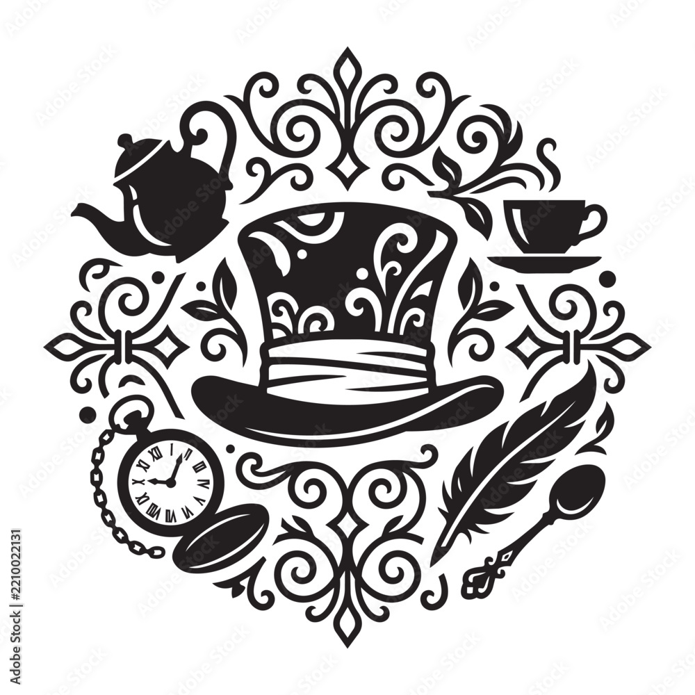 Obraz premium Vintage Mad Hatter Tea Party Silhouette Vector Illustration with Top Hat, Pocket Watch, Teapot, Teacup, and Feather