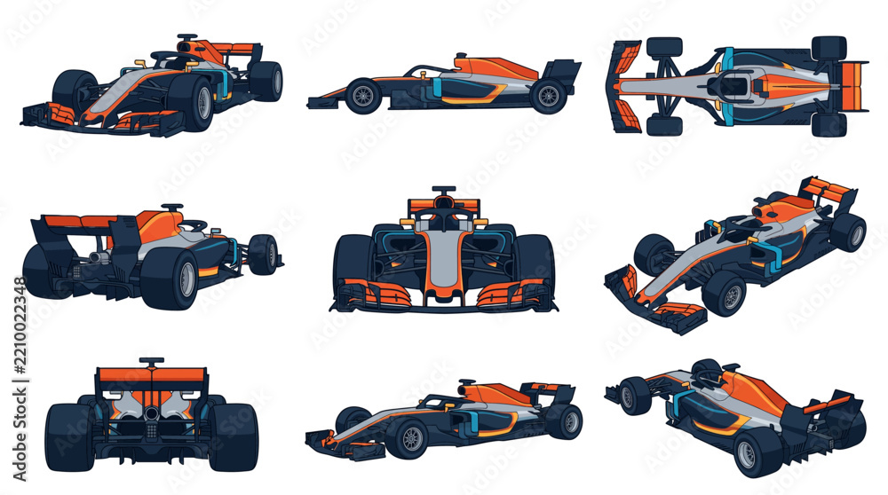 Obraz premium Modern Formula 1 Racing Car Vector Set with Front, Side, Rear, and Top Views; Professional Grand Prix Race Car Illustrations for Sports Graphics and Automotive Design.