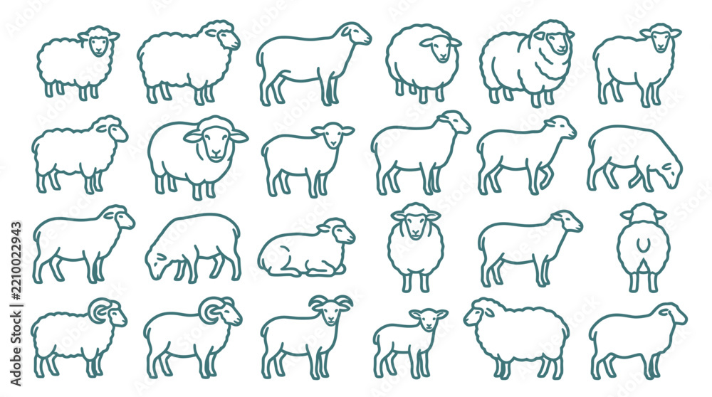 Obraz premium Collection of various sheep illustrations in a clean line art style.