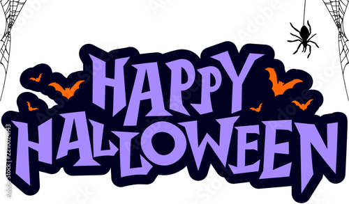 Happy Halloween Purple Gothic Lettering with Bats and Spider Web