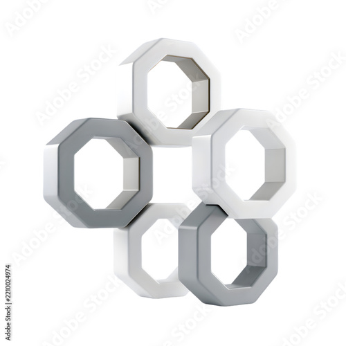 Hexagons are connected in a symmetrical layout forming a geometric abstract sculpture against a transparent background.