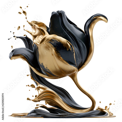 Tulip flower sculpted from flowing black and gold liquid paint splashing dramatically against transparent backdrop.
