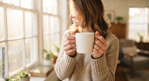Woman Holding Blank Ceramic Mug Mockup in Cozy Morning Light