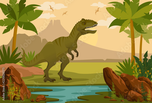 Prehistoric landscape with extinct plants, mountains and volcano, river and silhouette of dinosaurs - terannosaure and pterodactyl. Vector nature illustration. 