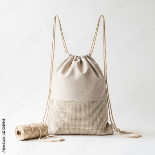 Gray mesh backpack with drawstring straps and side handle