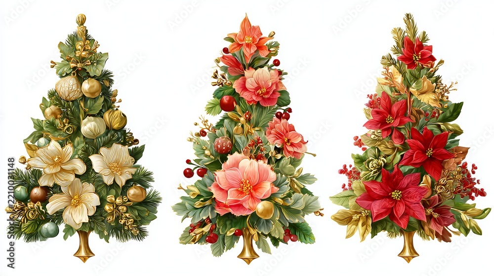 Naklejka premium Christmas tree illustrations featuring elegant floral arrangements with red poinsettias and gold decorations on white background