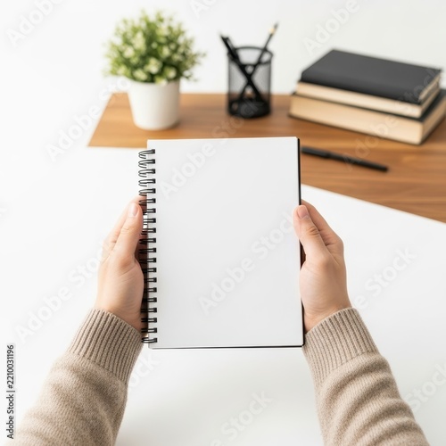 Person holding spiral notebook and pen over wooden desk