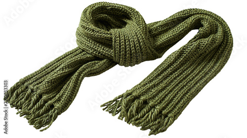 Obraz na plátně Olive green knitted wool scarf with ribbed texture and fringed ends