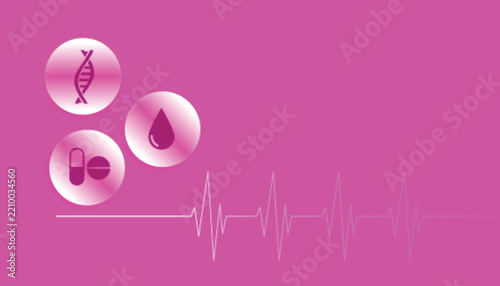 Pink medical background with DNA, blood drop, pill icons and heartbeat pulse line