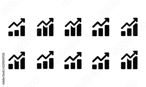 A set of monochrome line art icons illustrating financial expansion and successful business achievement with increasing performance indicators and positive results