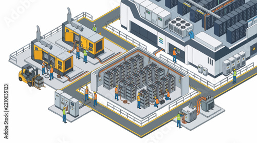 Modern Factory Automation With Robotic Assembly Line.