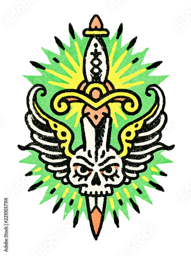 Winged Skull Dagger Emblem - Bold Folk Tattoo Style Skull with Wings, Dagger and Radiating Green Ornament - Decorative Illustration for Tattoo Flash, Stickers, Posters, Apparel, and Alternative Graphi
