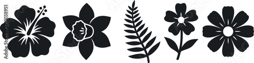 Flowers and Foliage Vector Set, Tropical Floral Elements, Black and White Design, Botanical Illustration