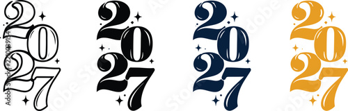 Happy New Year 2027 typography text icon set in outline and silhouette style, 2027 number logo vector illustration isolated on white background