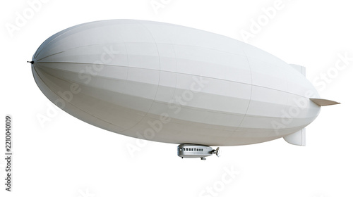 Large white zeppelin airship with metallic passenger gondola and rear stabilizers