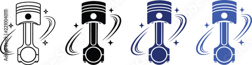 Engine piston icon set in outline and silhouette style, automotive motor connecting rod vector illustration isolated on white background