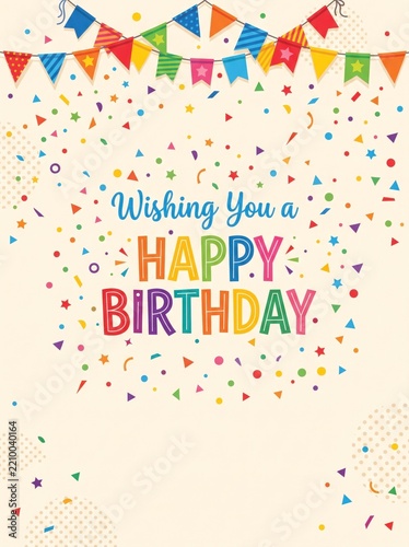 Vibrant Happy Birthday greeting card illustration, colorful party banner flags and festive confetti explosion, joyful celebration design for invitations and events.
