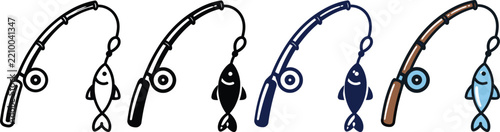 Fishing rod with hooked fish icon set in outline and filled style, fishing gear and catch vector illustration isolated on white background