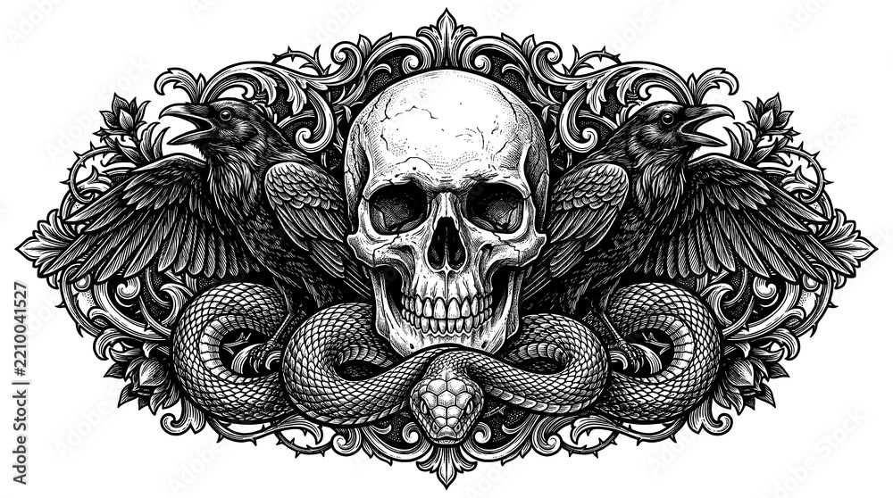 Fototapeta premium Gothic Human Skull with Ravens and Coiled Snake Vintage Engraving Illustration