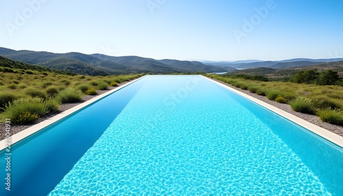 A sparkling infinity pool overlooking a scenic landscape, bright midday sun