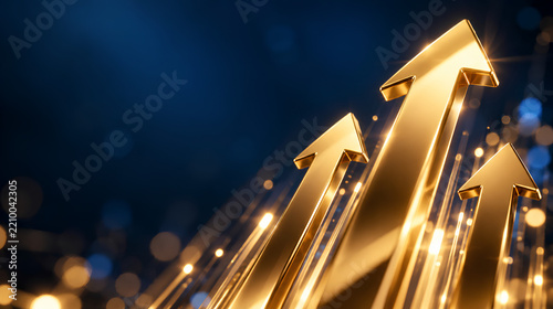 Cluster of shiny metallic golden upward pointing arrows ascending on a dark navy background