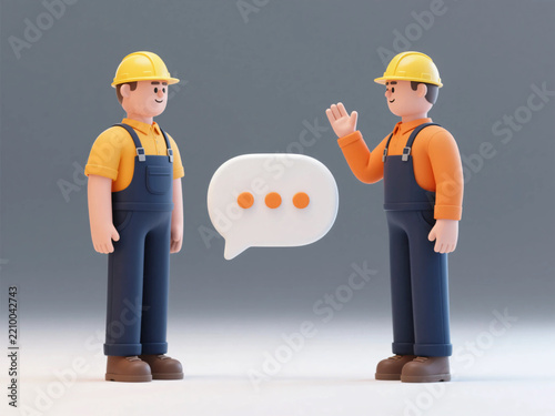 Construction workers talking together with speech bubble symbol in 3D illustration design
