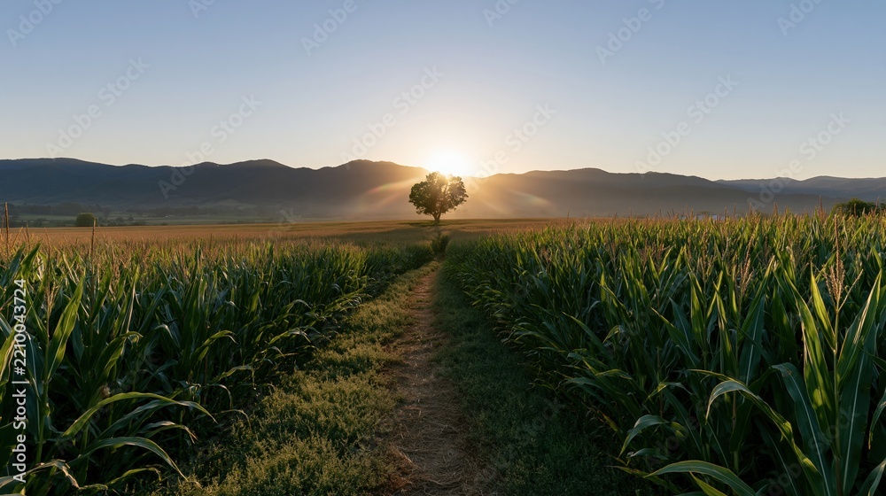 Obraz premium The Lone Tree Standing Amid a Golden Sunset Over the Cornfield Path