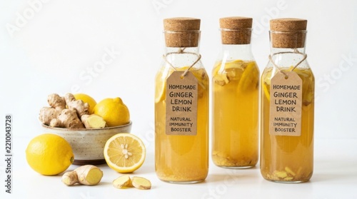 Homemade Ginger Lemon Drink in Glass Bottles with Natural Immunity Booster Ingredients