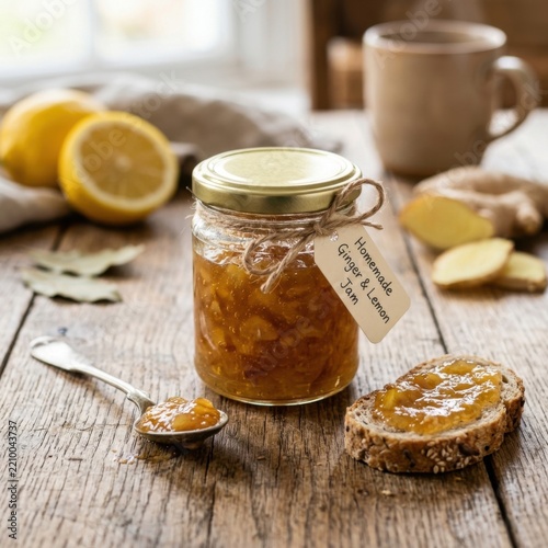 Homemade Ginger Lemon Jam in Jar with Slice of Bread Spoon Lemons and Ginger Root on Rustic Wooden Table