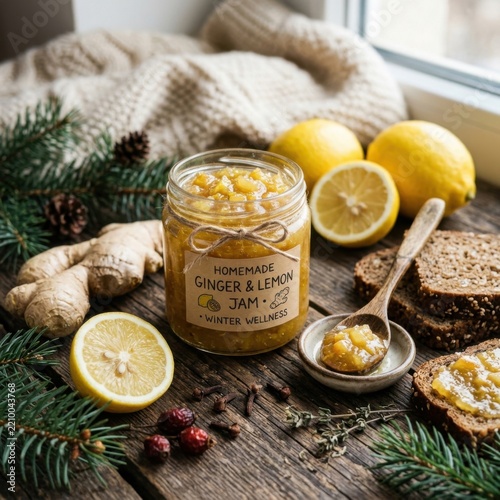 Homemade Ginger Lemon Jam Jar with Fresh Ingredients on Rustic Wooden Table