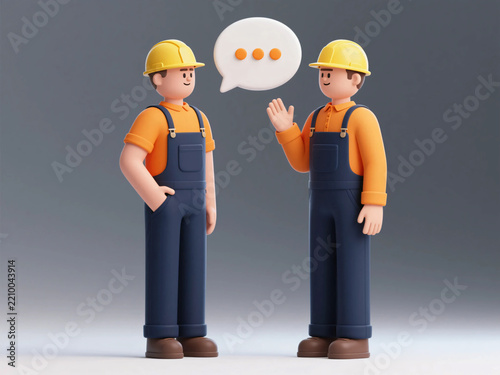 Two construction workers talking with a speech bubble above their heads in a 3D illustration style, wearing yellow hard hats and overalls against a plain grey background