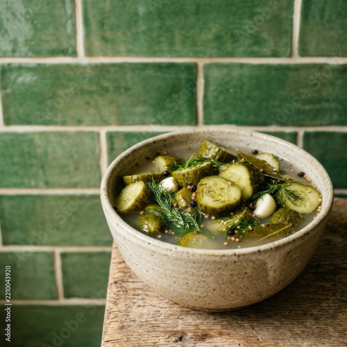 Homemade Pickles in Bowl with Dill Garlic and Spices on Wooden Table Rustic Kitchen Background
