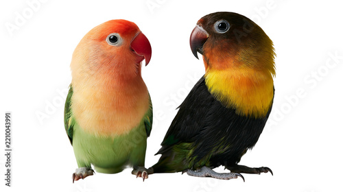 Obraz na plátně Two colorful lovebirds with orange and black plumage standing side by side