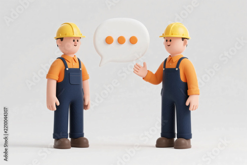 Construction workers talking with speech bubble in 3D illustration style representing communication and teamwork in the building industry