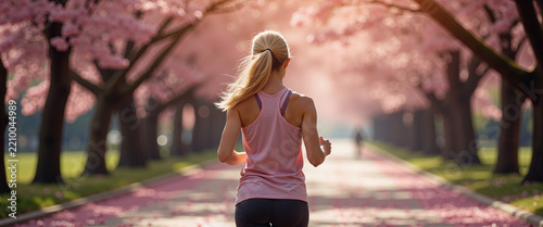 Woman running through cherry blossom park for breast cancer charity marathon and fitness