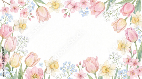 Wide spring border of tulips, daffodils and cherry blossoms