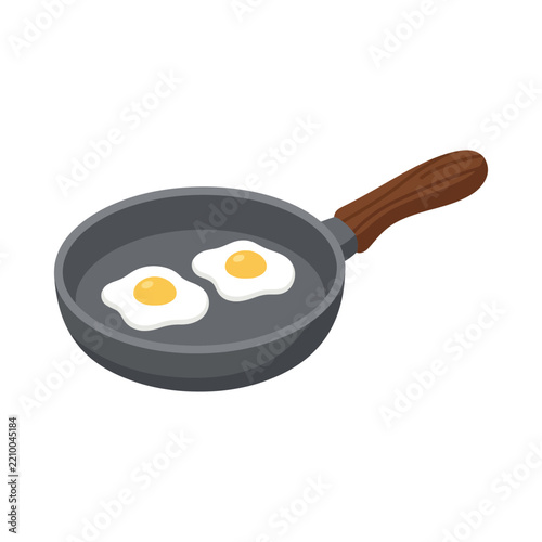 Vector illustration of a frying pan with two fried eggs prepared for breakfast.