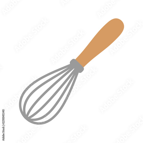 Minimalist vector illustration of a kitchen wire whisk with wooden handle.