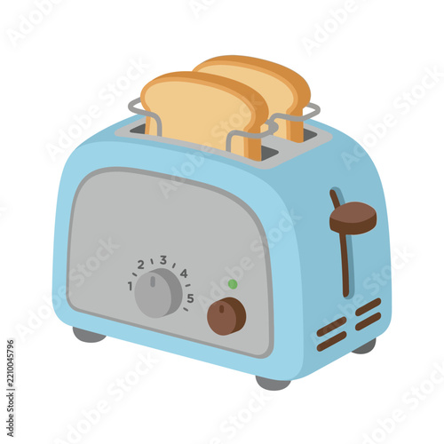 Cute blue toaster with sliced bread vector illustration for kitchen appliances.