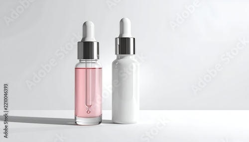 Minimalist 3D render of professional cosmetic dropper bottles on clean white background mockup
