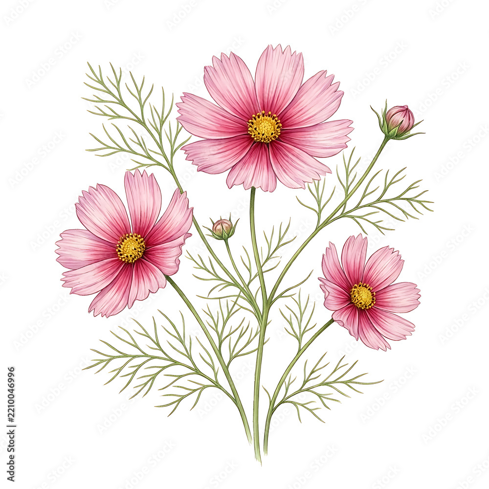 Obraz premium Pink Cosmos Flowers with Fern-like Foliage on White Background pink flower floral