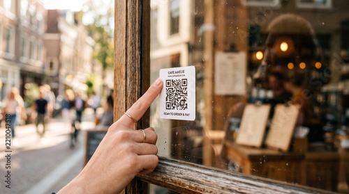 Hand pointing at a QR code sticker on a retail store window in an urban setting