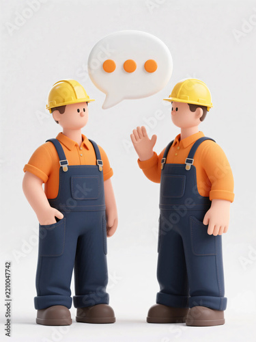 Construction workers talking with speech bubble in 3D illustration style