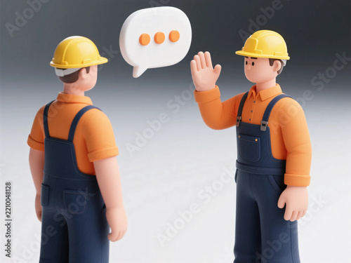 Construction workers talking with speech bubble icon floating between them in 3D illustration style against a neutral gray background