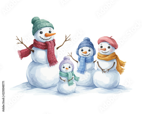 Cute Snowman Family Watercolor Art, Whimsical Winter Characters, Vector Illustration Isolated on White Background