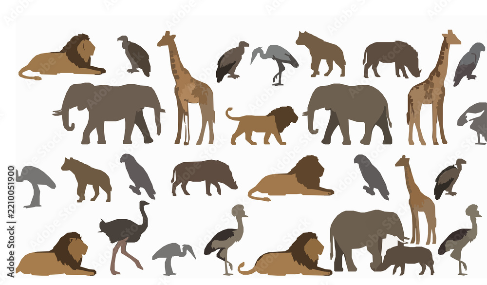 Obraz premium African Savannah Wildlife Animal Silhouettes Seamless Vector Pattern with Safari Birds and Mammals