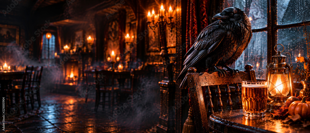 Obraz premium Black raven perched on chair beside beer and pumpkins inside an English pub. Halloween pub scene. Autumn holiday and seasonal decoration. Seasonal celebration and spooky decor concept.