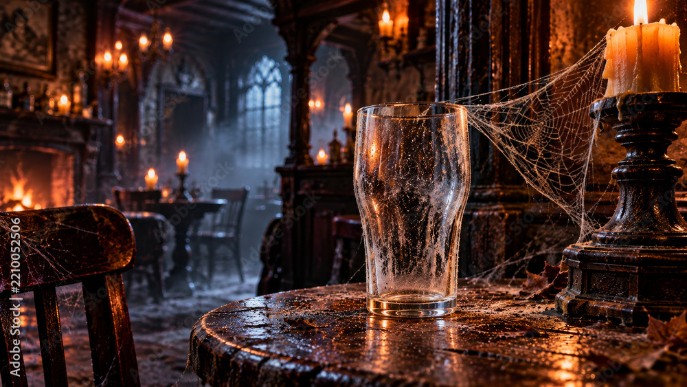 Fototapeta premium Cobweb-covered English pub interior with empty glass and candle. Halloween pub decor and seasonal celebration. Traditional public house and haunted venue. Autumn holiday concept.