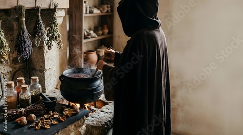 A mysterious cloaked figure brews a potion in a traditional cauldron within a rustic cottage interior.